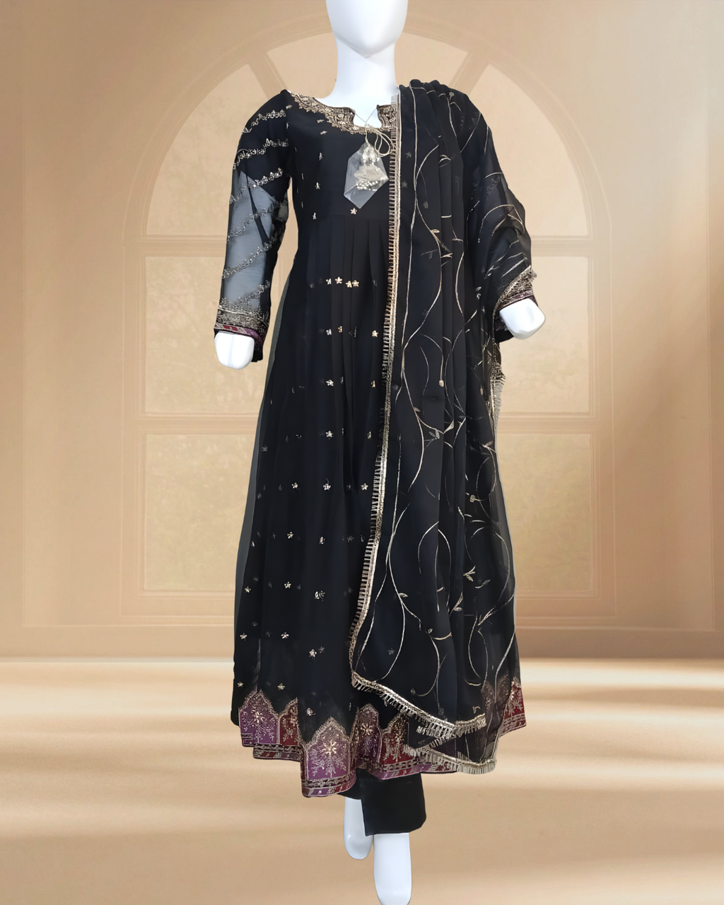 Embroidered Crinkle Chiffon Stitched 3 Piece Frock Black (FTMBL3)