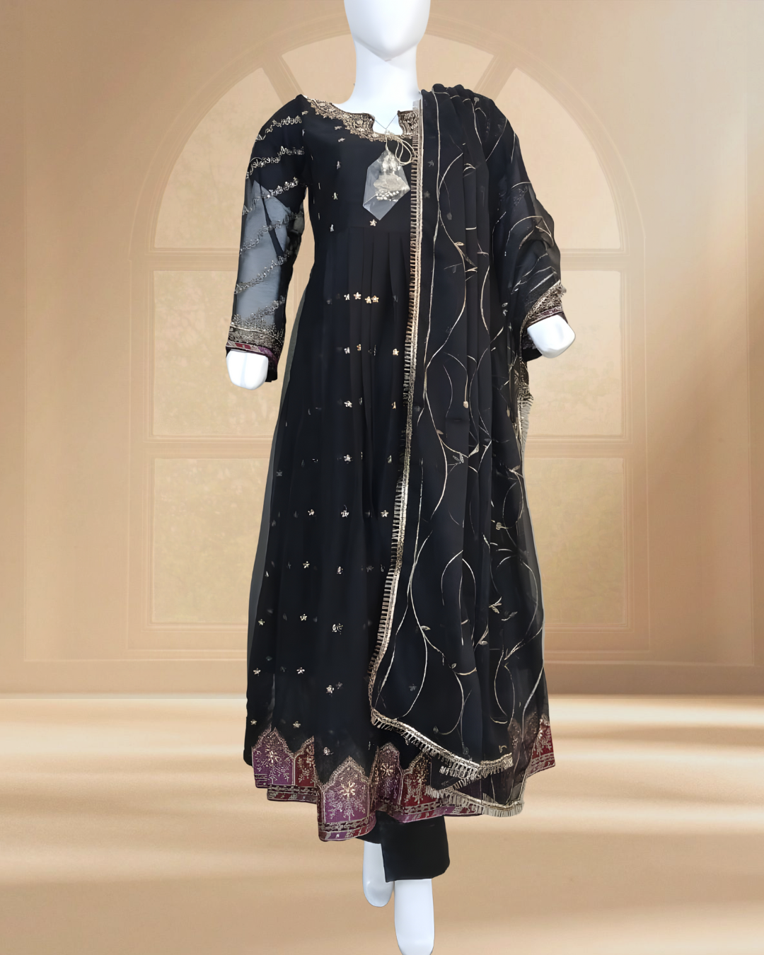 Embroidered Crinkle Chiffon Stitched 3 Piece Frock Black (FTMBL3)