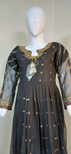 Embroidered Crinkle Chiffon Stitched 3 Piece Frock Black (FTMBL3)