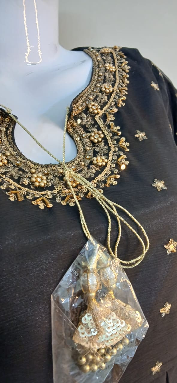 Embroidered Crinkle Chiffon Stitched 3 Piece Frock Black (FTMBL3)