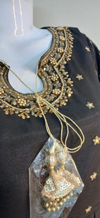 Embroidered Crinkle Chiffon Stitched 3 Piece Frock Black (FTMBL3)