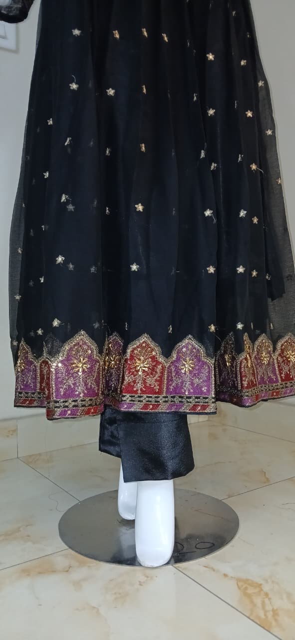 Embroidered Crinkle Chiffon Stitched 3 Piece Frock Black (FTMBL3)
