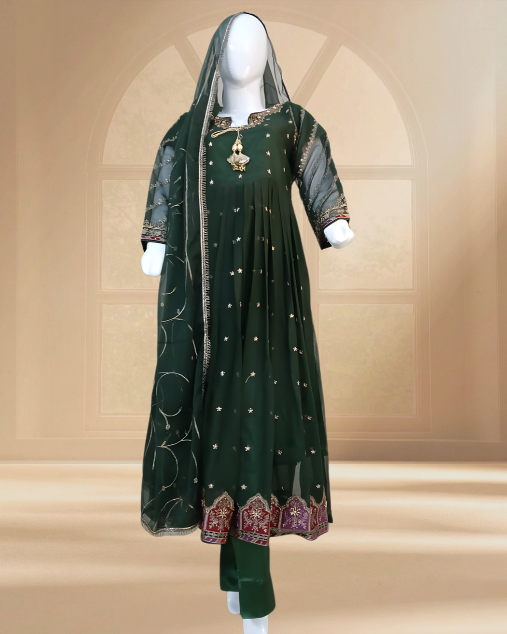 Embroidered Crinkle Chiffon Stitched 3 Piece Frock Green (FTMG3)