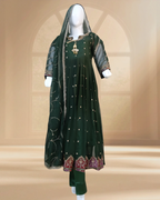 Embroidered Crinkle Chiffon Stitched 3 Piece Frock Green (FTMG3)