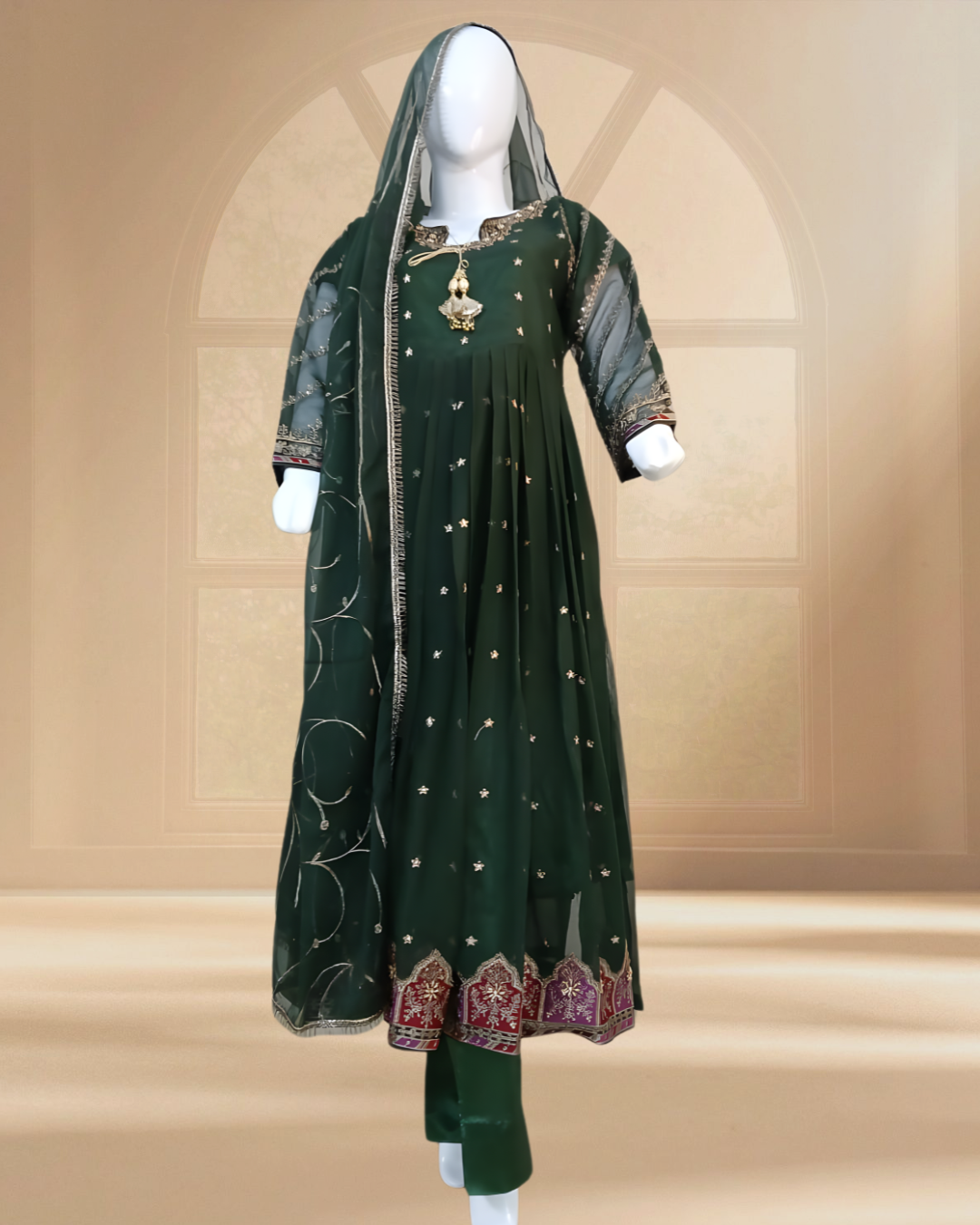 Embroidered Crinkle Chiffon Stitched 3 Piece Frock Green (FTMG3)