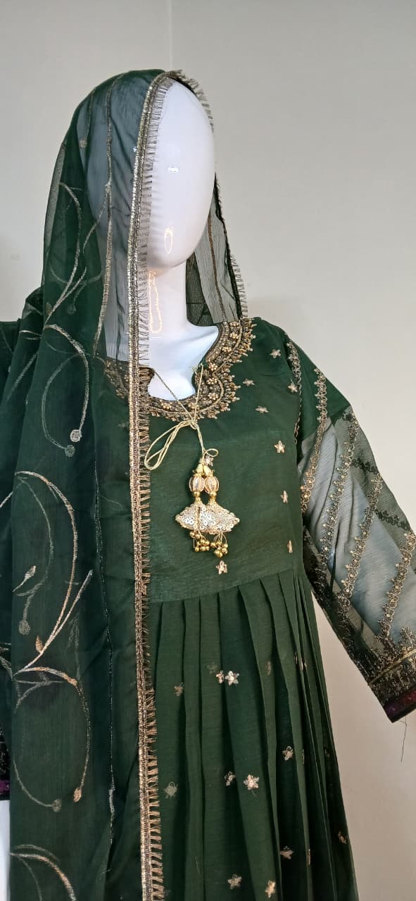 Embroidered Crinkle Chiffon Stitched 3 Piece Frock Green (FTMG3)