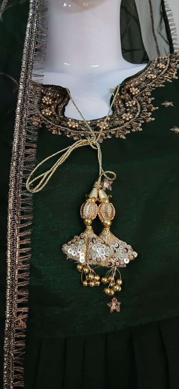 Embroidered Crinkle Chiffon Stitched 3 Piece Frock Green (FTMG3)