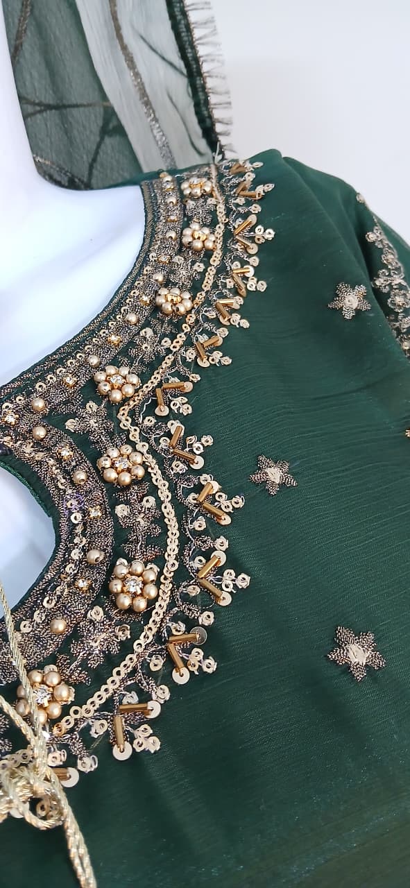 Embroidered Crinkle Chiffon Stitched 3 Piece Frock Green (FTMG3)