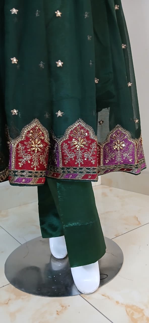 Embroidered Crinkle Chiffon Stitched 3 Piece Frock Green (FTMG3)