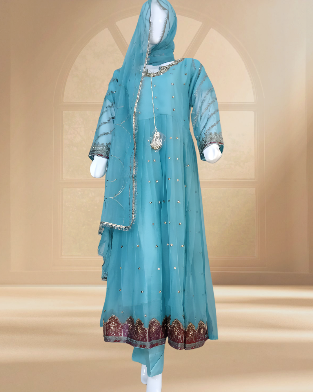 Embroidered Crinkle Chiffon Stitched 3 Piece Frock Turquoise (FTMTU3)