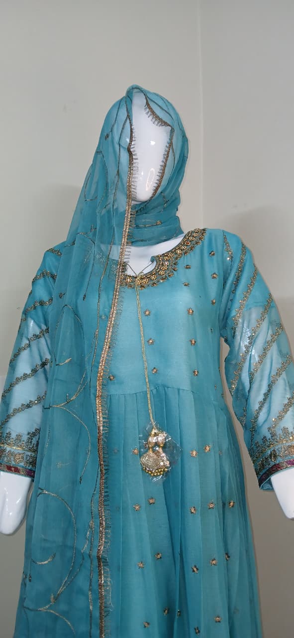 Embroidered Crinkle Chiffon Stitched 3 Piece Frock Turquoise (FTMTU3)