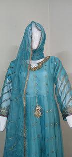 Embroidered Crinkle Chiffon Stitched 3 Piece Frock Turquoise (FTMTU3)