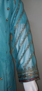 Embroidered Crinkle Chiffon Stitched 3 Piece Frock Turquoise (FTMTU3)