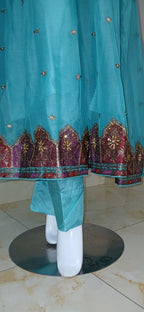 Embroidered Crinkle Chiffon Stitched 3 Piece Frock Turquoise (FTMTU3)