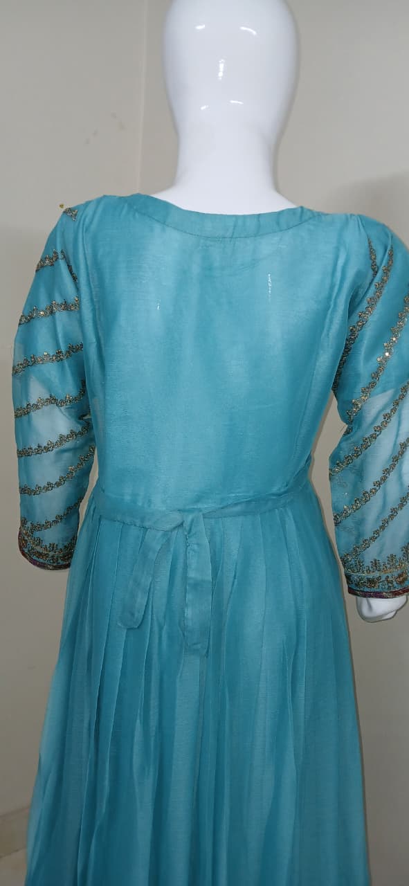 Embroidered Crinkle Chiffon Stitched 3 Piece Frock Turquoise (FTMTU3)