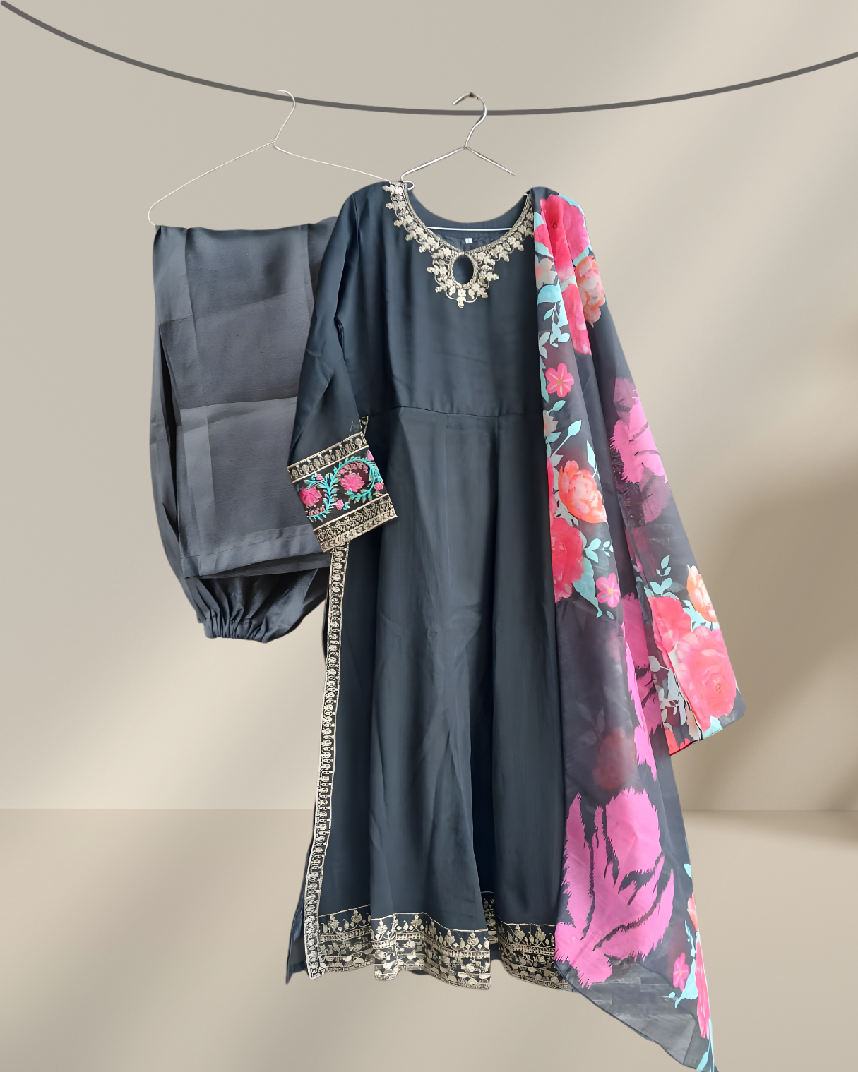 3 Pcs Stitched Chiffon Embroidered Frock With Open Chak and Inner - TCEBL