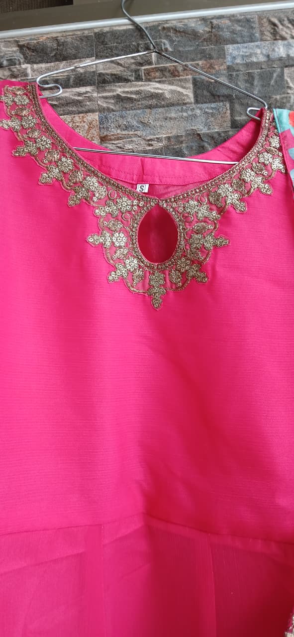 3 Pcs Stitched Chiffon Embroidered Frock With Open Chak and Inner - TCEP3