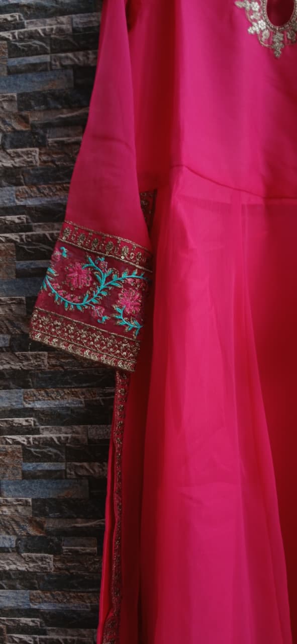 3 Pcs Stitched Chiffon Embroidered Frock With Open Chak and Inner - TCEP3