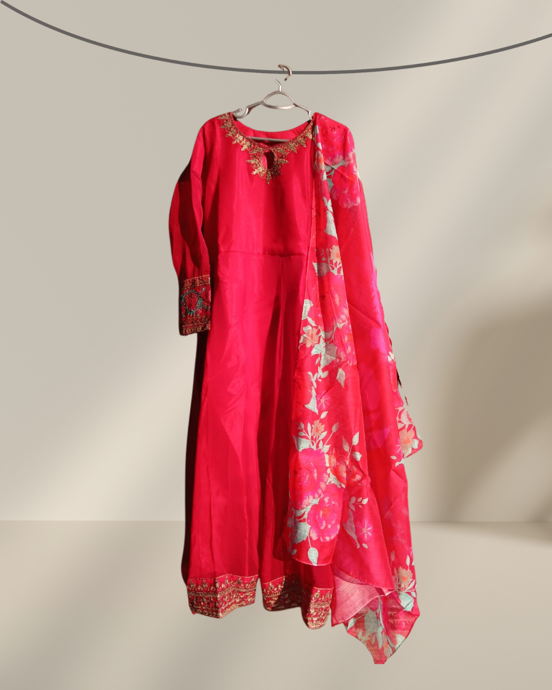3 Pcs Stitched Chiffon Embroidered Frock With Open Chak and Inner - TCER3