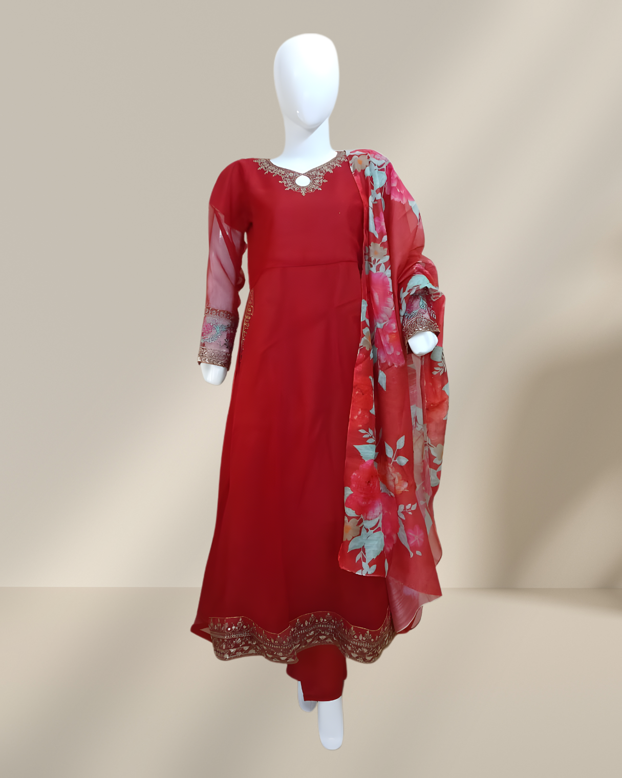 3 Pcs Stitched Chiffon Embroidered Frock With Open Chak and Inner - TCER3