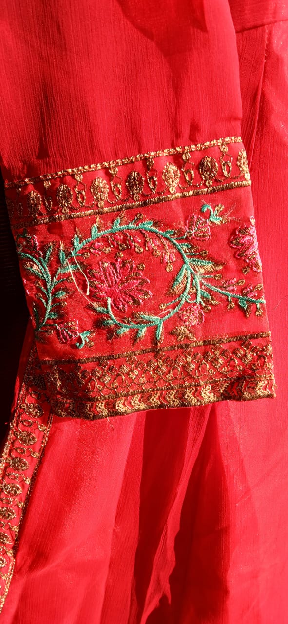 3 Pcs Stitched Chiffon Embroidered Frock With Open Chak and Inner - TCER3