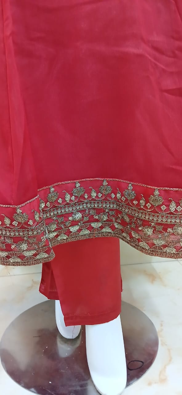 3 Pcs Stitched Chiffon Embroidered Frock With Open Chak and Inner - TCER3