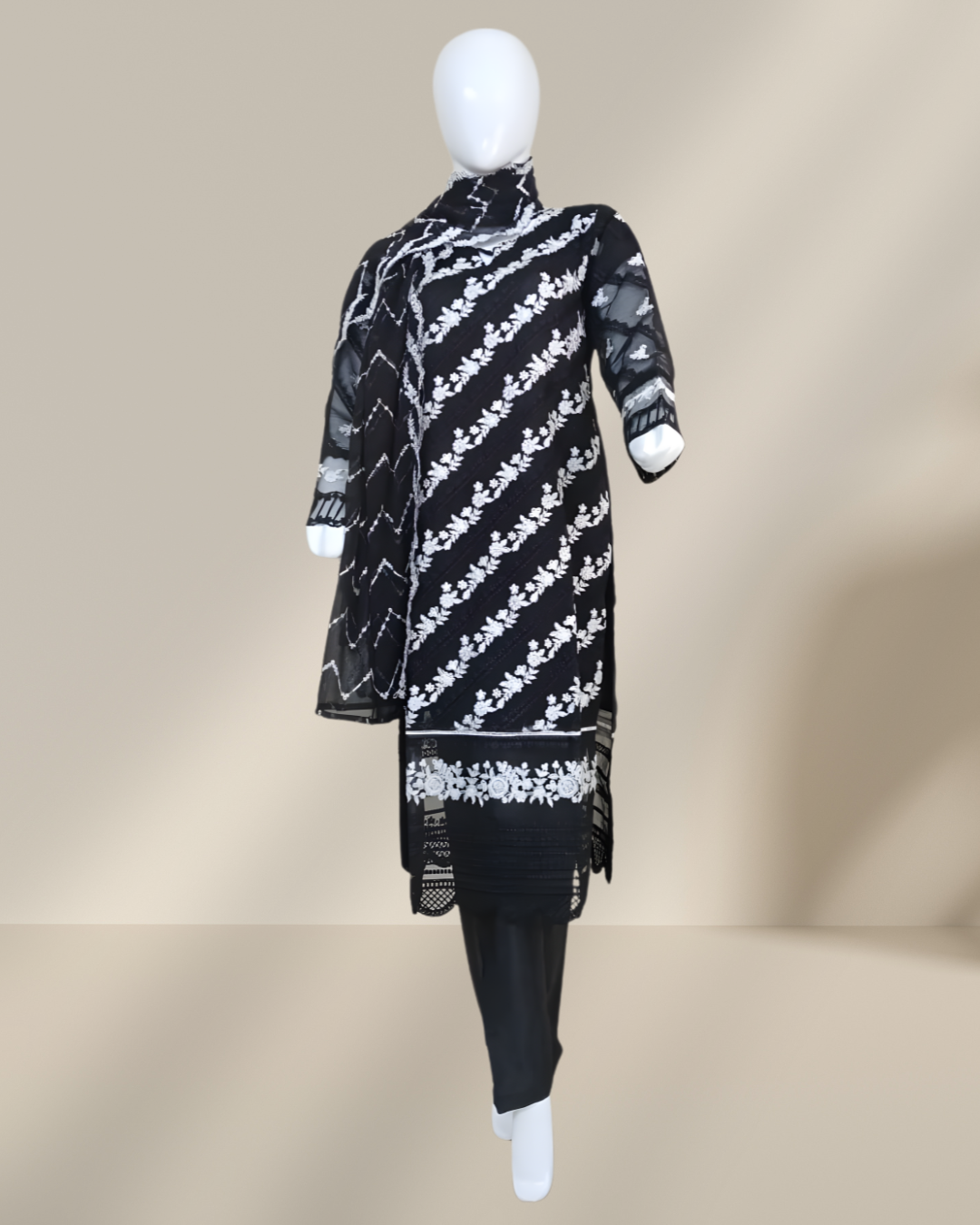 Crinkle Chiffon Embroidered Stitched Suit Black - TCCB3