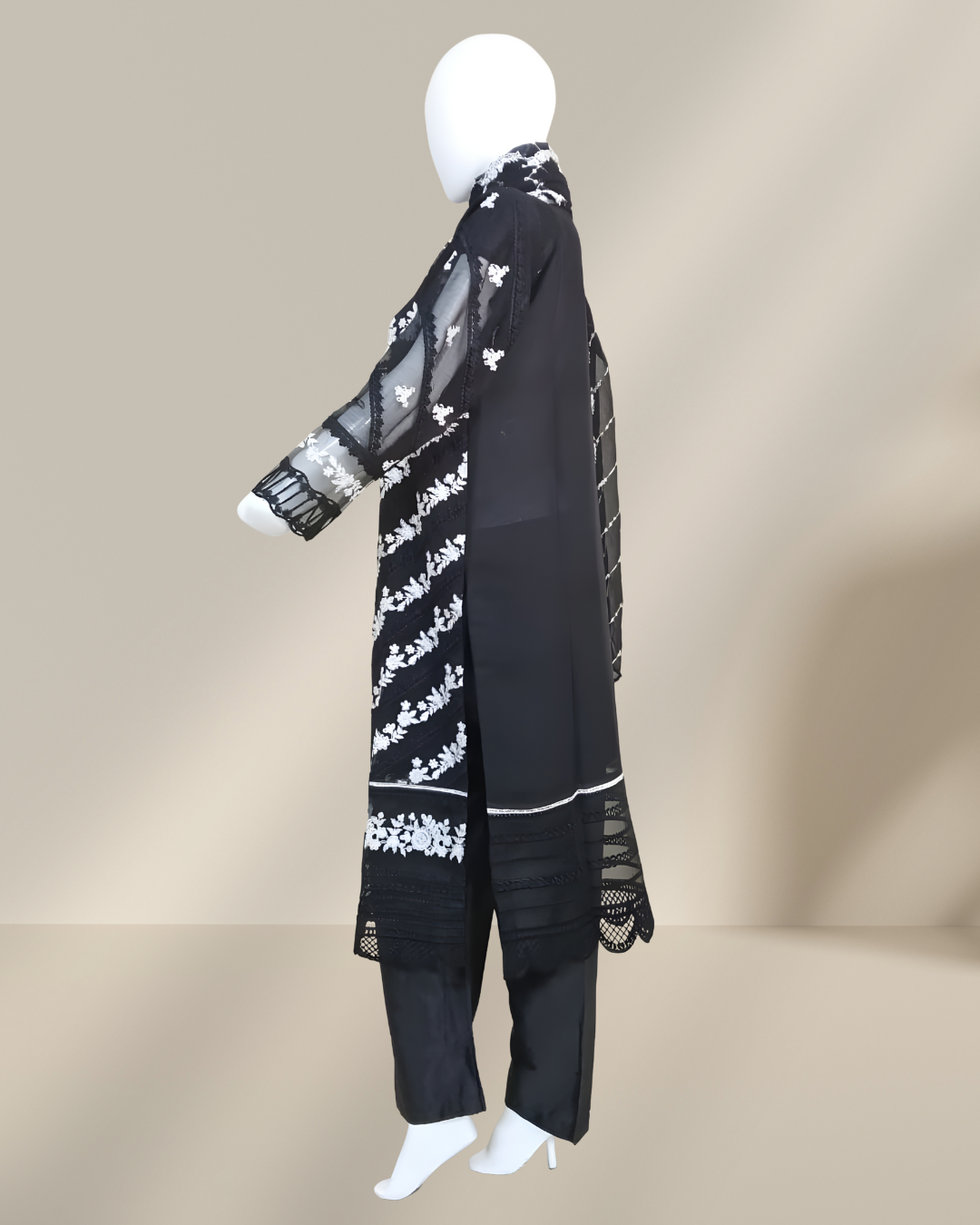 Crinkle Chiffon Embroidered Stitched Suit Black - TCCB3