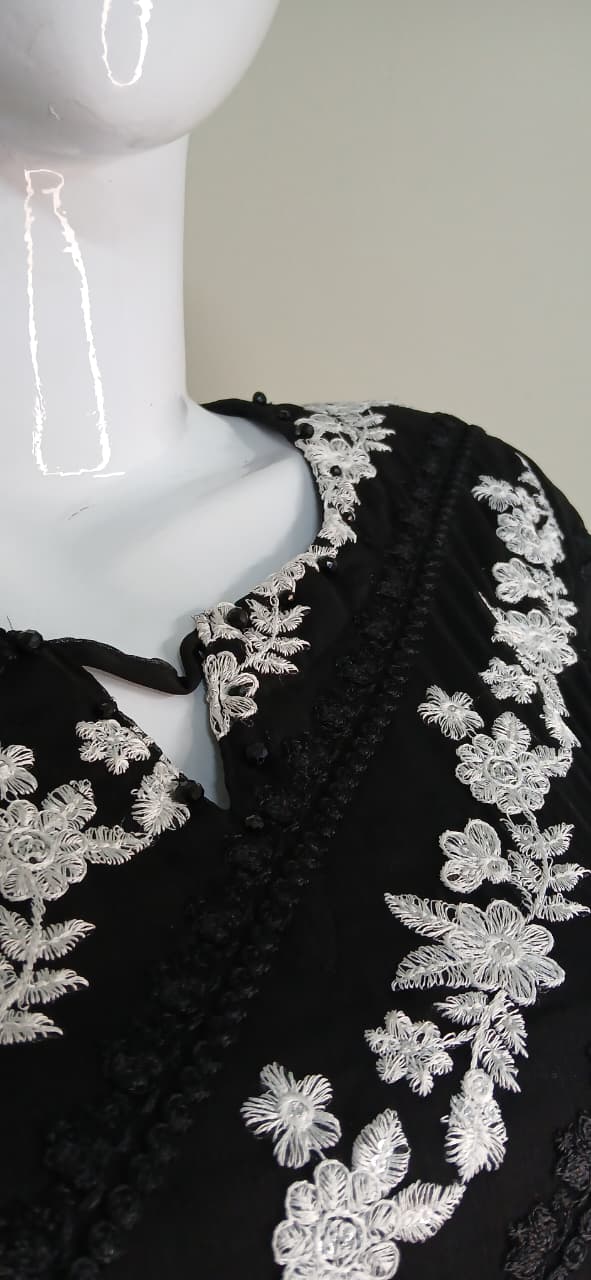 Crinkle Chiffon Embroidered Stitched Suit Black - TCCB3