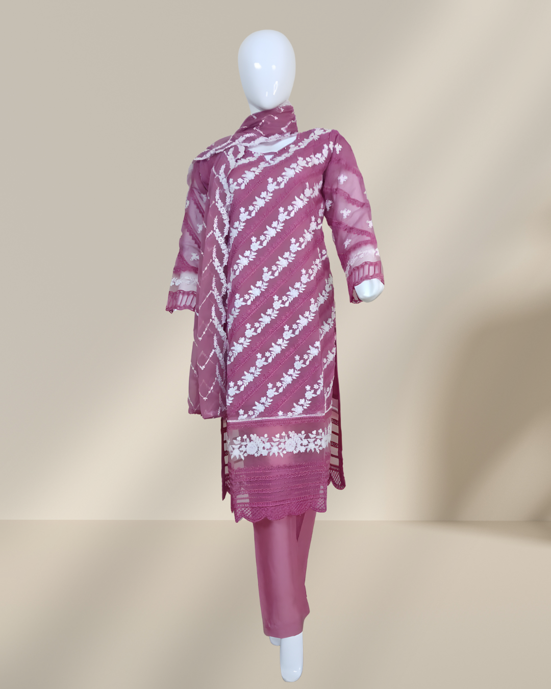 Crinkle Chiffon Embroidered Stitched Suit Pink - TCCP3