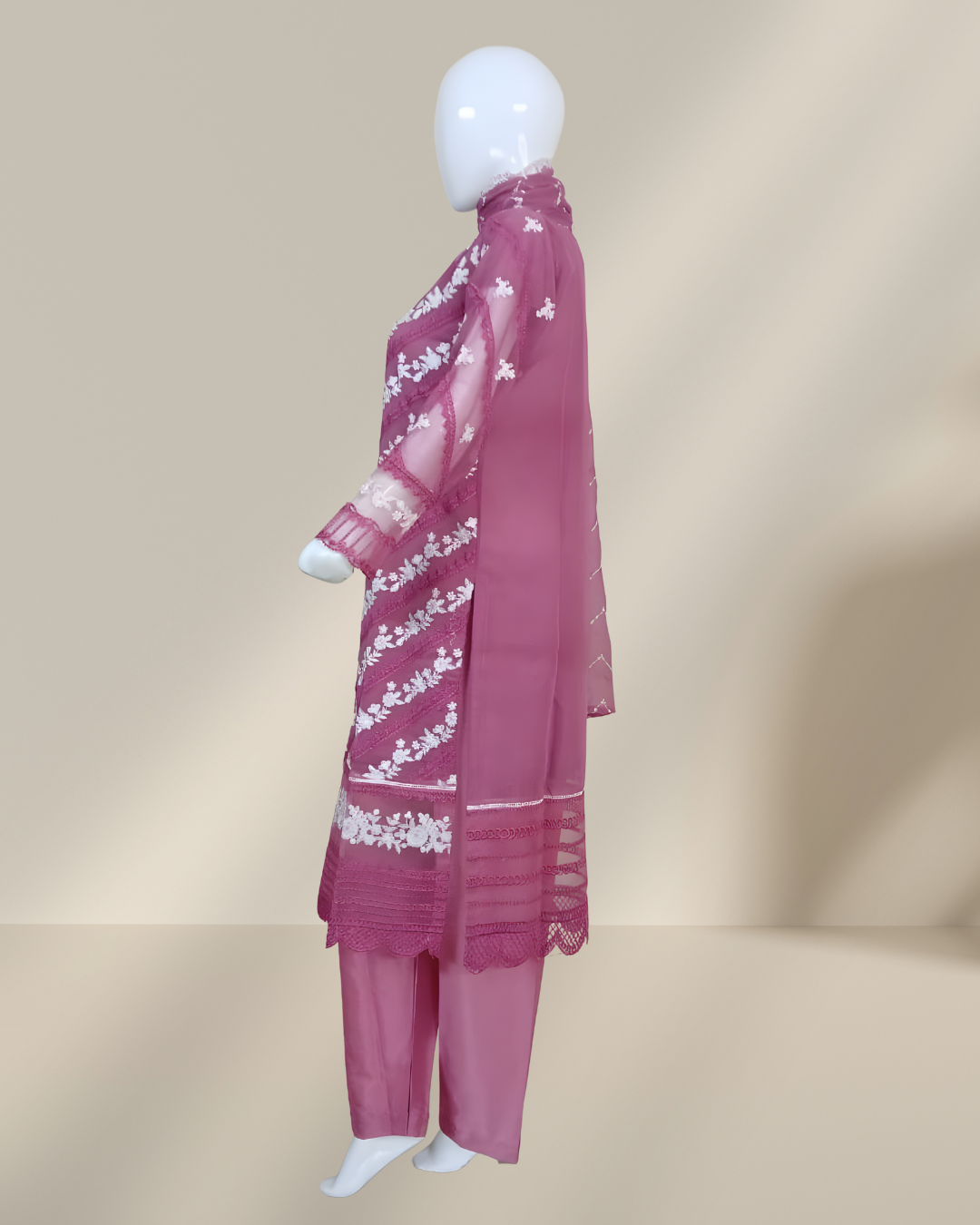 Crinkle Chiffon Embroidered Stitched Suit Pink - TCCP3