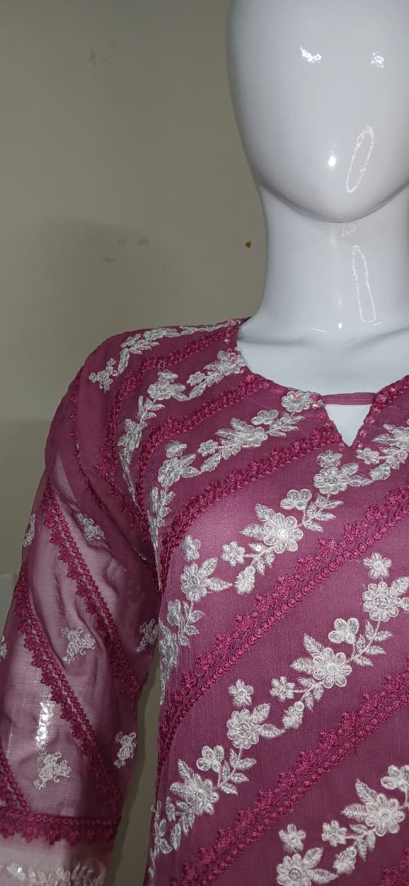 Crinkle Chiffon Embroidered Stitched Suit Pink - TCCP3