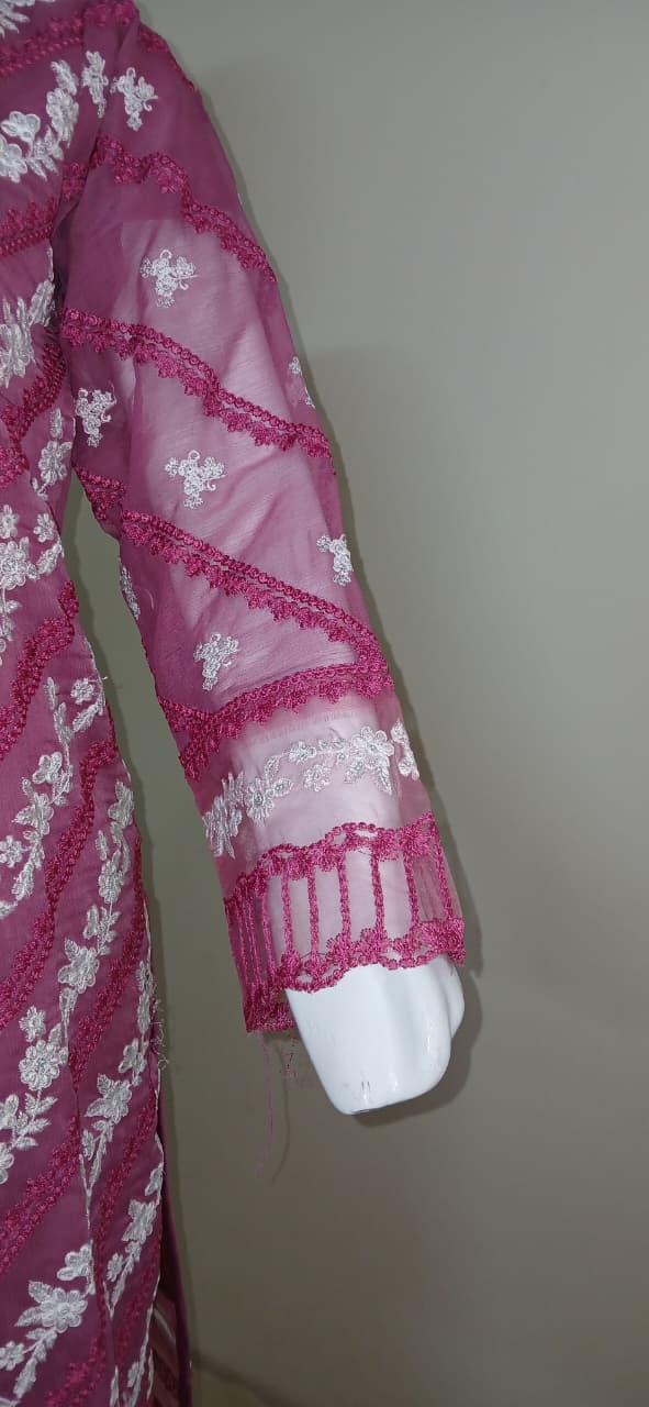 Crinkle Chiffon Embroidered Stitched Suit Pink - TCCP3