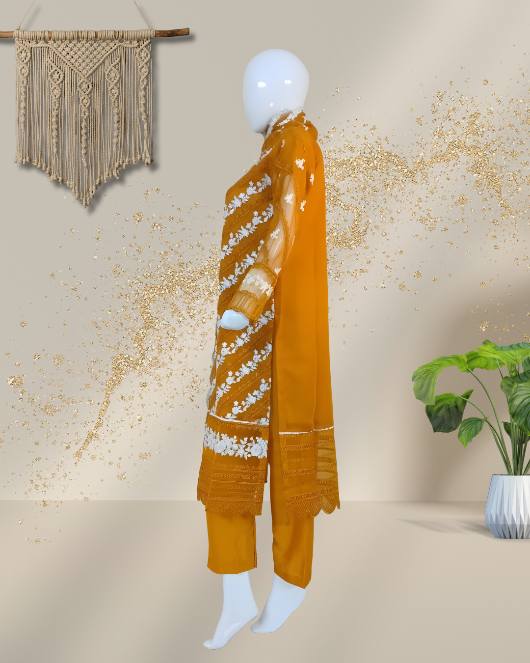 Crinkle Chiffon Embroidered Stitched Suit Mustard - TCCM3