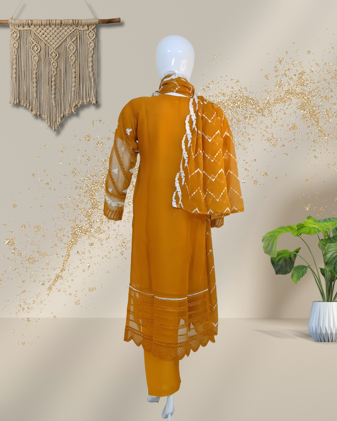 Crinkle Chiffon Embroidered Stitched Suit Mustard - TCCM3