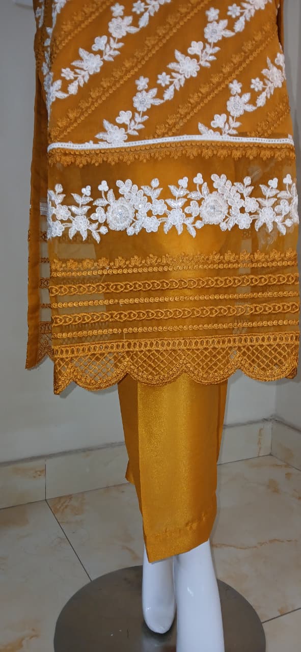 Crinkle Chiffon Embroidered Stitched Suit Mustard - TCCM3