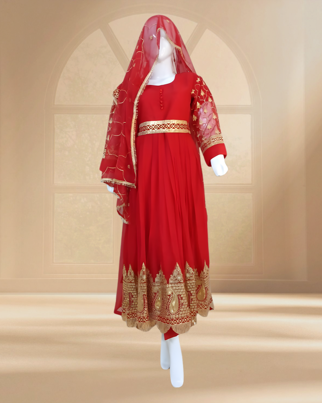Embroidered Chiffon Stitched 3-Piece Suit Red With Belt (FTSR3)