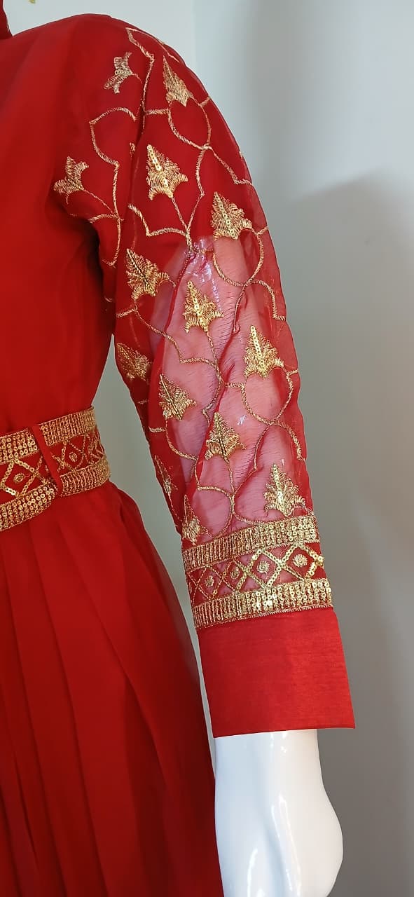 Embroidered Chiffon Stitched 3-Piece Suit Red With Belt (FTSR3)