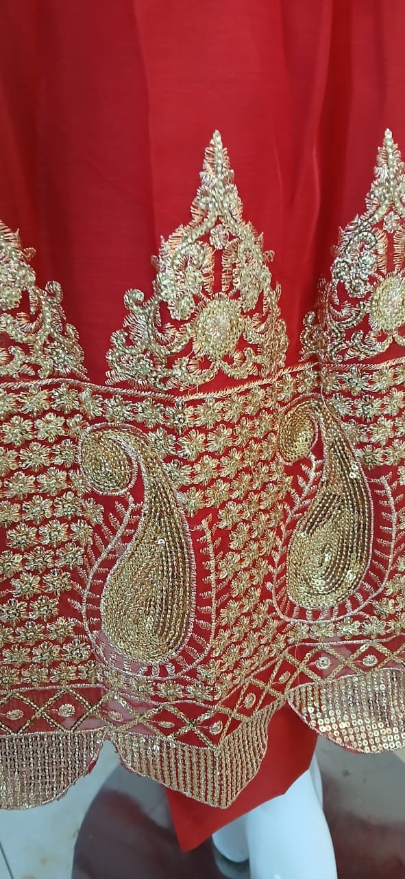 Embroidered Chiffon Stitched 3-Piece Suit Red With Belt (FTSR3)