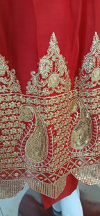 Embroidered Chiffon Stitched 3-Piece Suit Red With Belt (FTSR3)