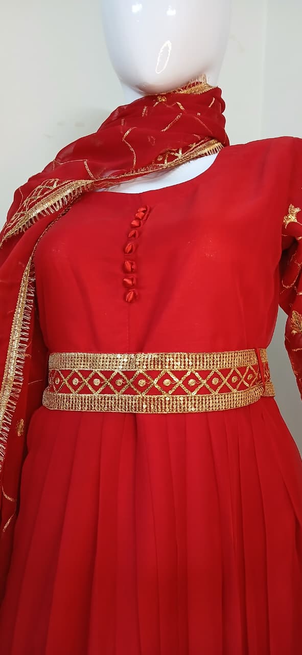 Embroidered Chiffon Stitched 3-Piece Suit Red With Belt (FTSR3)
