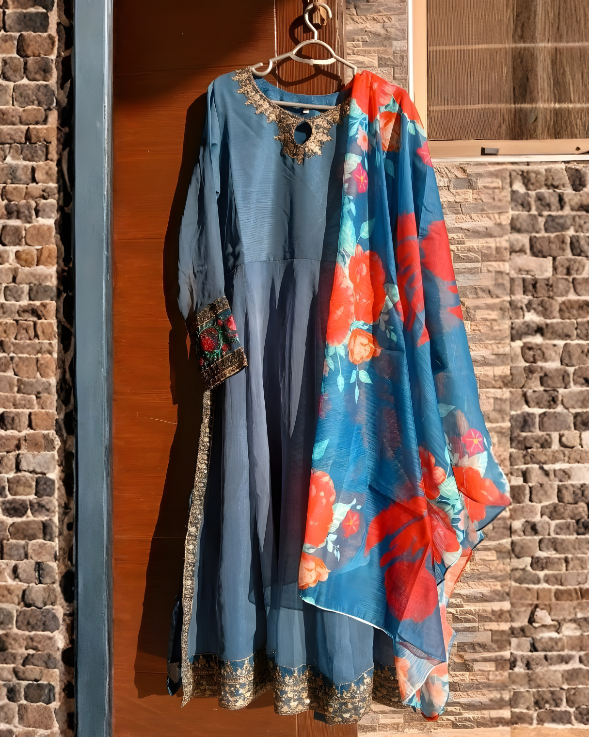 3 Pcs Stitched Chiffon Embroidered Frock With Open Chak and Inner - TCEB3