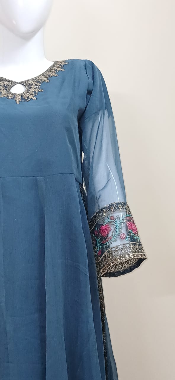 3 Pcs Stitched Chiffon Embroidered Frock With Open Chak and Inner - TCEB3