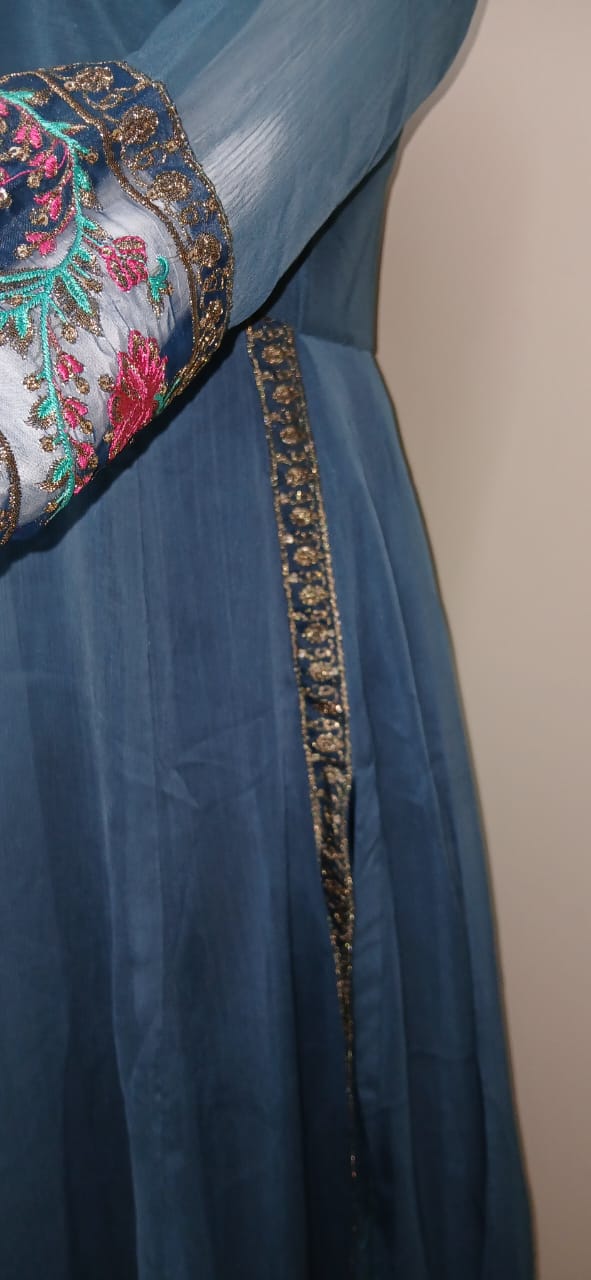 3 Pcs Stitched Chiffon Embroidered Frock With Open Chak and Inner - TCEB3