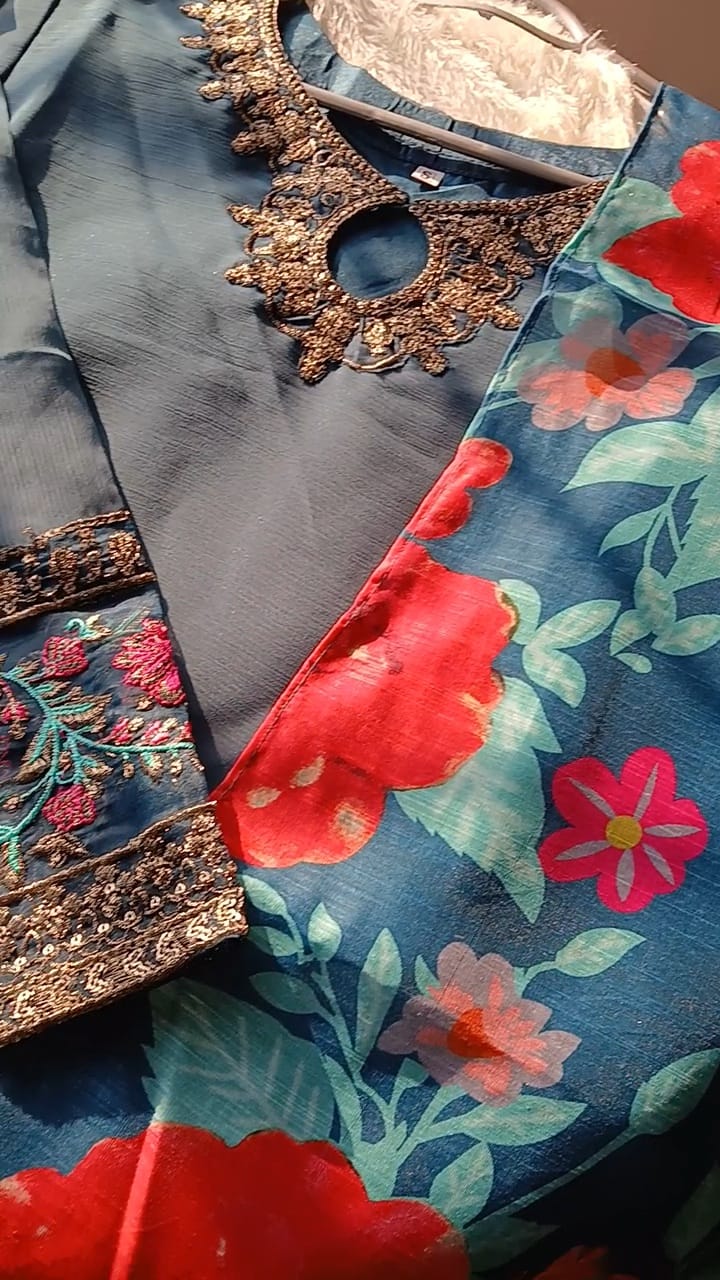 3 Pcs Stitched Chiffon Embroidered Frock With Open Chak and Inner - TCEB3