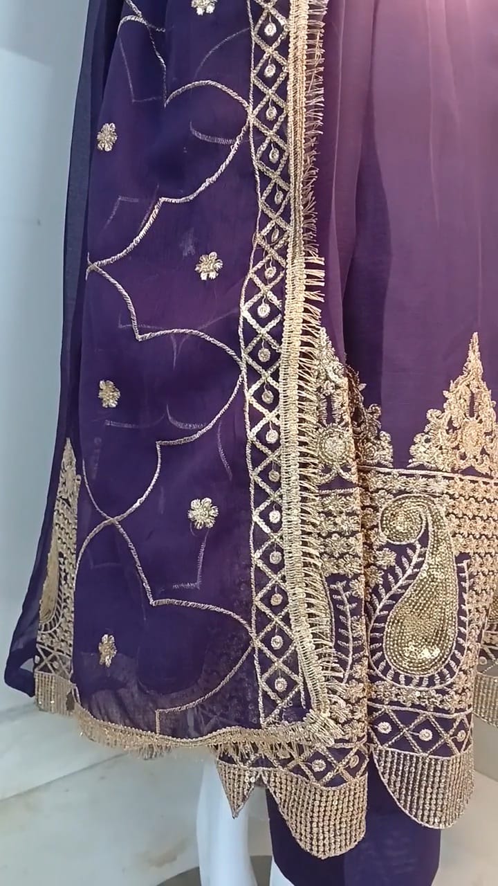 Embroidered Chiffon Stitched 3-Piece Suit Purple With Belt (FTSP3)