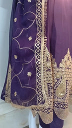Embroidered Chiffon Stitched 3-Piece Suit Purple With Belt (FTSP3)