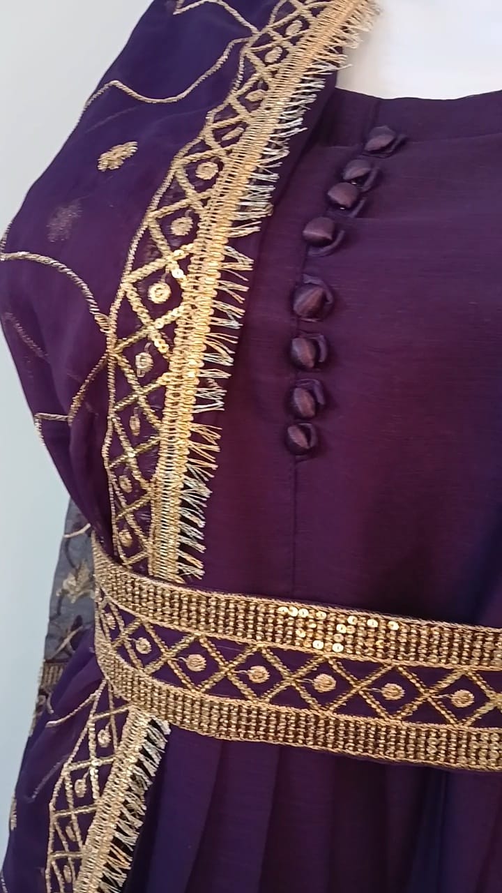 Embroidered Chiffon Stitched 3-Piece Suit Purple With Belt (FTSP3)