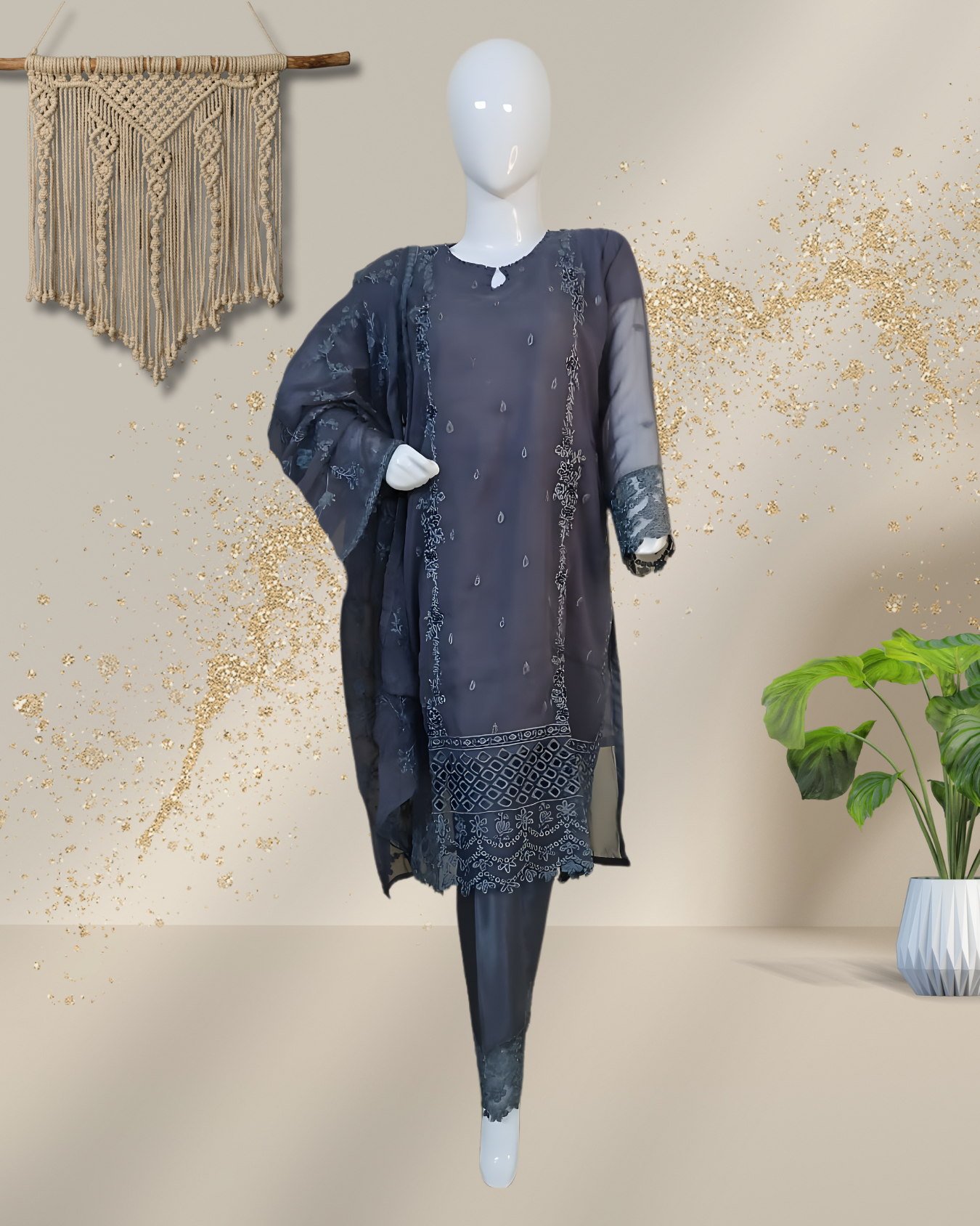 Self-Embroidered Chiffon Stitched 3-Piece Suit (TSEG4)