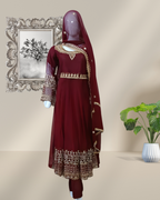 Embroidered Chiffon Stitched 3-Piece Suit (Maroon) – Tilla, Sequencing (FTM3M)